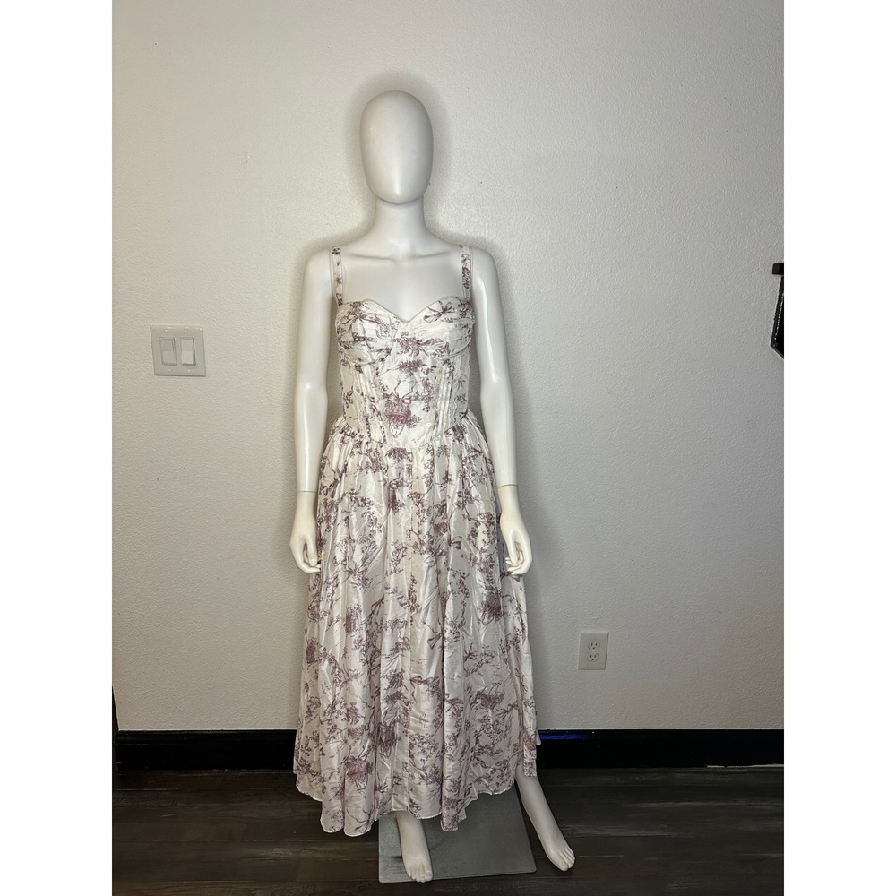 Commense Toile Print Corset Midi Dress Cream Mauve Floral A-Line